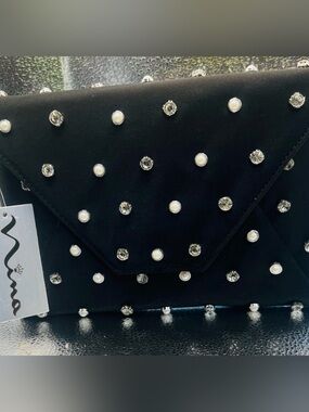 Nina Black Envelope Clutch with Chain Strap. Studded Pearl/crystals
